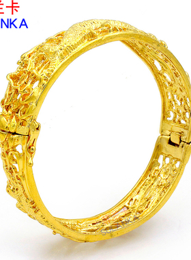 镀金手镯女士结婚龙凤镯 婚庆首饰礼物暗扣古典风镀沙金镯子配饰