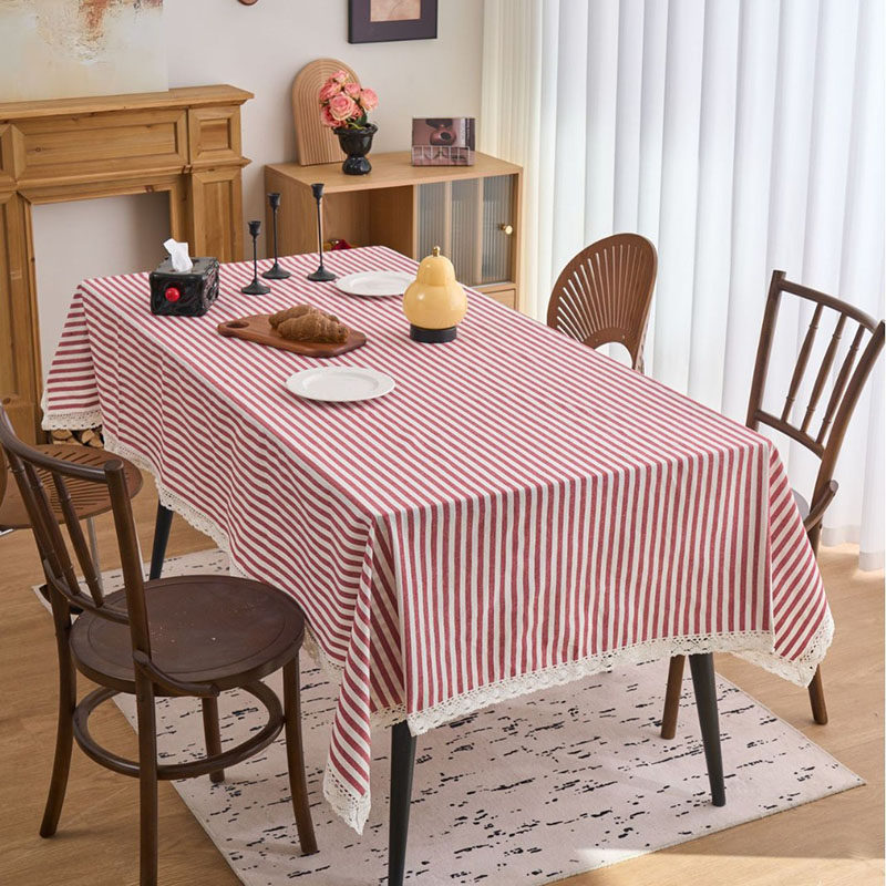 棉麻红色条纹蕾丝花边桌布新中式餐桌布艺茶几电视柜盖巾氛围台布
