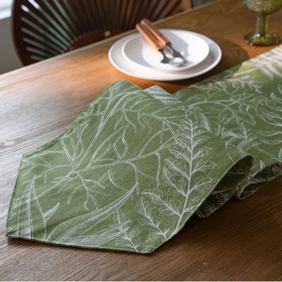 法式田园风棉麻绿色叶子印花桌旗
