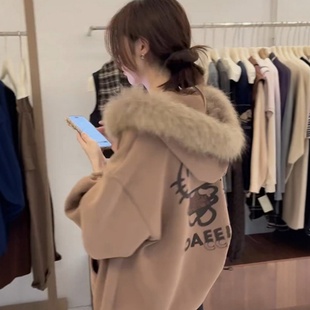 韩系Kitty猫连帽毛领卫衣外套女秋冬新款 宽松慵懒风加厚加绒开衫