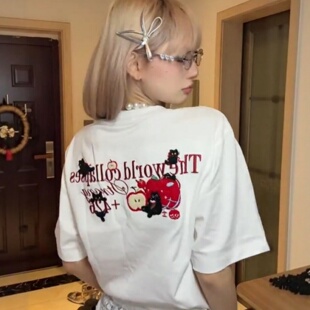 T恤女高级设计感小众宽松上衣 复古苹果小猫重工刺绣短袖 夏季 美式