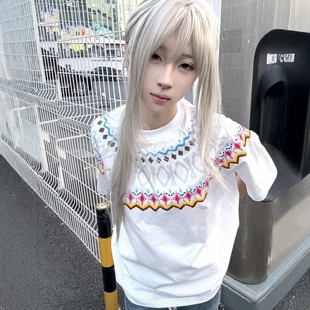 设计感小众宽松百搭上衣服 新款 纯棉费尔岛白色印花短袖 T恤女夏季