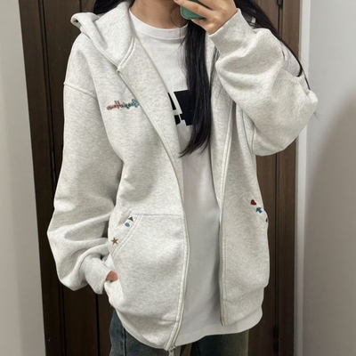 复古灰色刺绣连帽拉链卫衣外套女