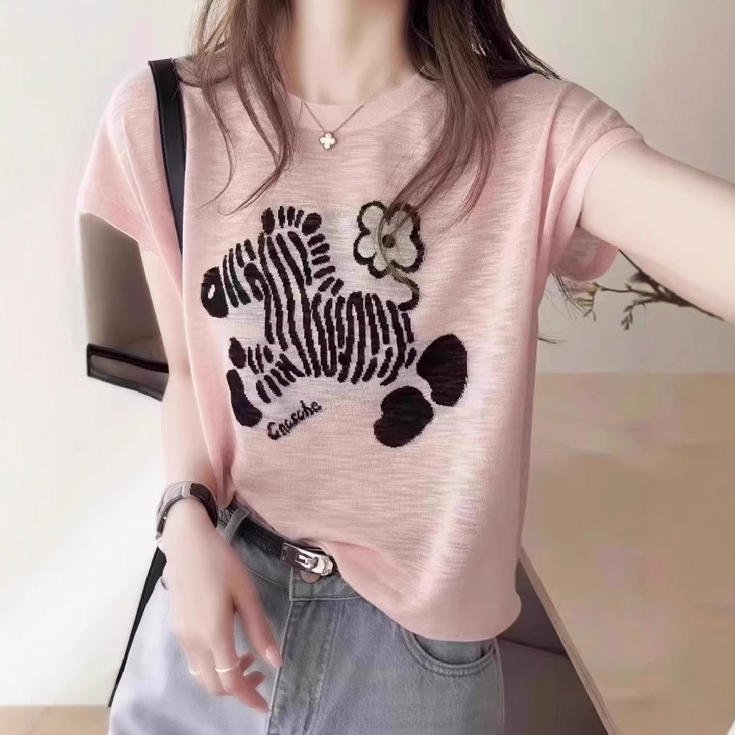 韩系粉色竹节棉正肩短袖t恤女