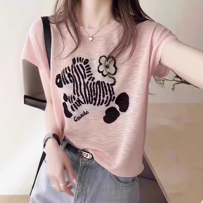 韩系粉色竹节棉正肩短袖t恤女