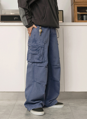 DRINK LIFE美式复古cleanfit多口袋法工蓝工装裤重工水洗磨破男女