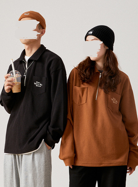 DRINK LIFE翻领半拉链华夫格情侣卫衣男美式外套宽松复古polo长袖