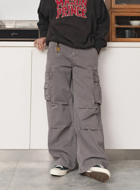 DRINK LIFE美式复古cleanfit多口袋水洗灰色工装裤重工磨破中性风