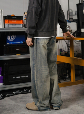 DRINK LIFE 美式复古vintage水洗做旧lean fit宽松直筒牛仔裤男女