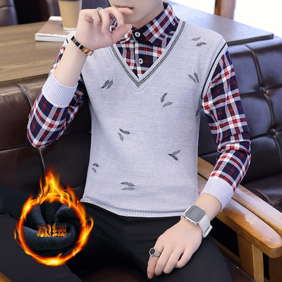 冬季青少年毛衣加绒假两件衬衫领