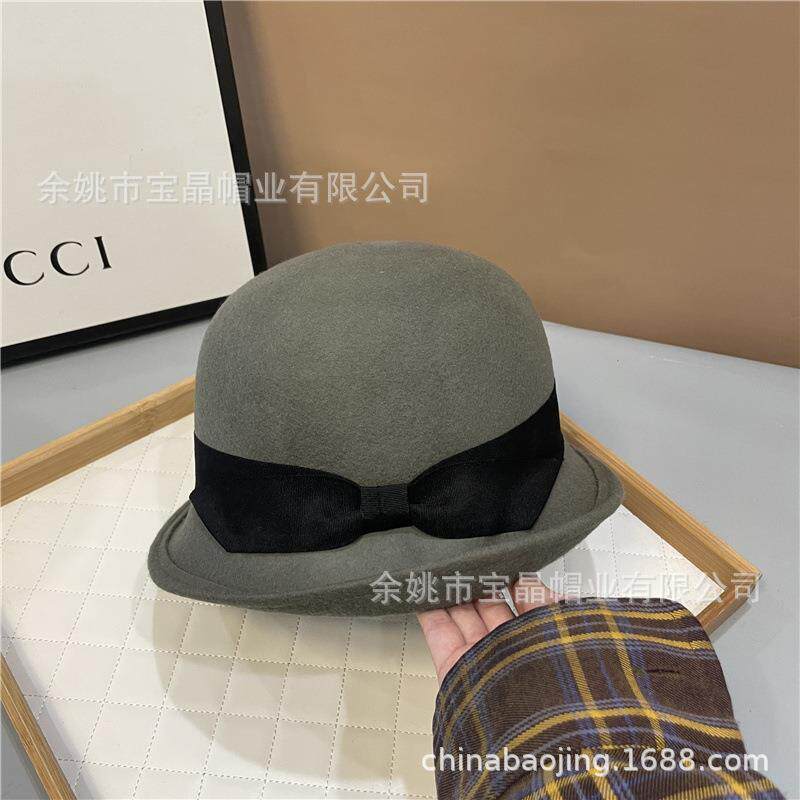 法式复古羊毛礼帽女秋冬卷边毛呢毡帽时尚渔夫帽女士盆帽帽子灰色