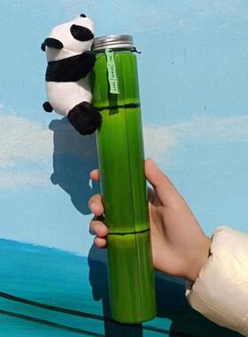 网红熊猫竹子瓶抱抱竹瓶一次性细长塑料PET杯奶茶果汁饮料瓶带盖