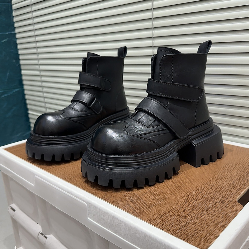 欧洲站粗跟厚底魔术贴马丁靴女2025秋冬真皮切尔西短靴大头帅气靴