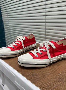 韩版红色帆布鞋女2026春季低帮圆头系带百搭复古风休闲板鞋学院风