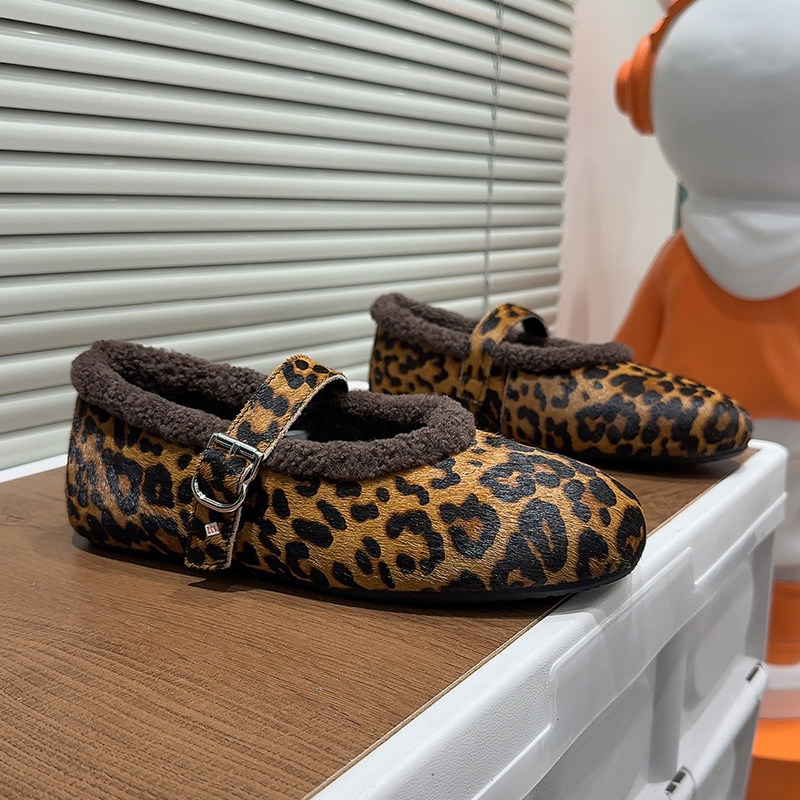 韩版豹纹毛绒保暖玛丽珍鞋女2025冬季新款一字扣平底乐福鞋豆豆鞋,女鞋,乐福鞋（豆豆鞋）,淘宝优惠券,粉丝福利购,淘宝优惠卷