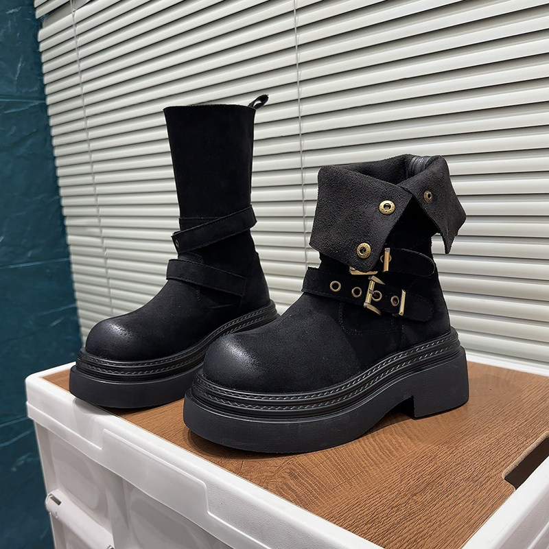 欧货粗跟厚底马丁靴女2026新款翻领两穿小个子增高短靴中筒女靴潮