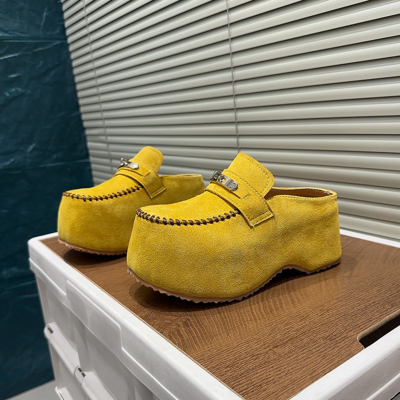 韩版复古厚底勃肯鞋女一脚蹬搭扣浅口圆头松糕底懒人鞋黄色单鞋潮