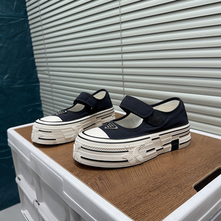 百搭增高松糕圆头休闲鞋 女2026春季 潮 魔术贴厚底玛丽珍帆布鞋 韩版