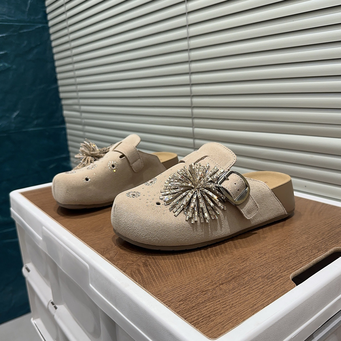 复古风真皮水钻烟花勃肯鞋女包头半拖一脚蹬百搭厚底内增高凉拖鞋