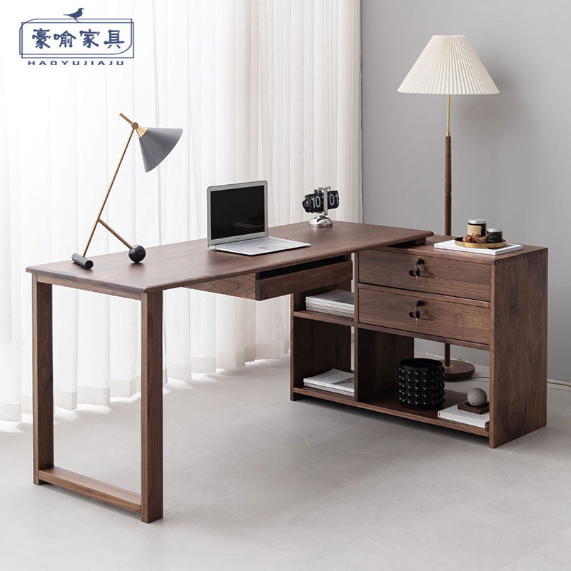 北欧黑胡桃木台式电脑桌简约现代书桌书柜一体转角实木写字办公桌