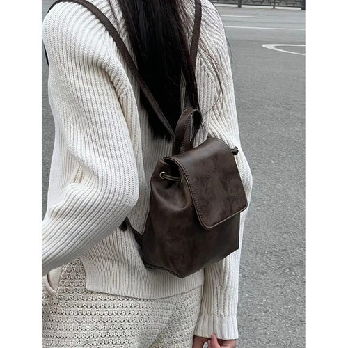 小红书同款小巧复古美式棕色双肩包bm2025新款ins简约百搭单肩包