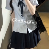 日系衬衣条纹收腰短袖 jk学院风修身 衬衫 显瘦JK制服套装 上衣女夏季