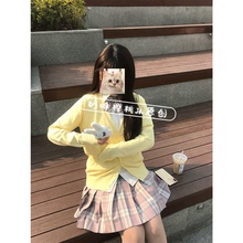 显白奶黄色针织开衫夏季薄款原创正版jk樱奈格裙百褶裙制服套装女