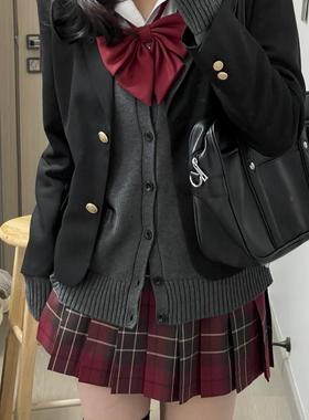 原创正版jk制服日系学院风叠穿灰色针织开衫毛衣海棠红格裙套装女