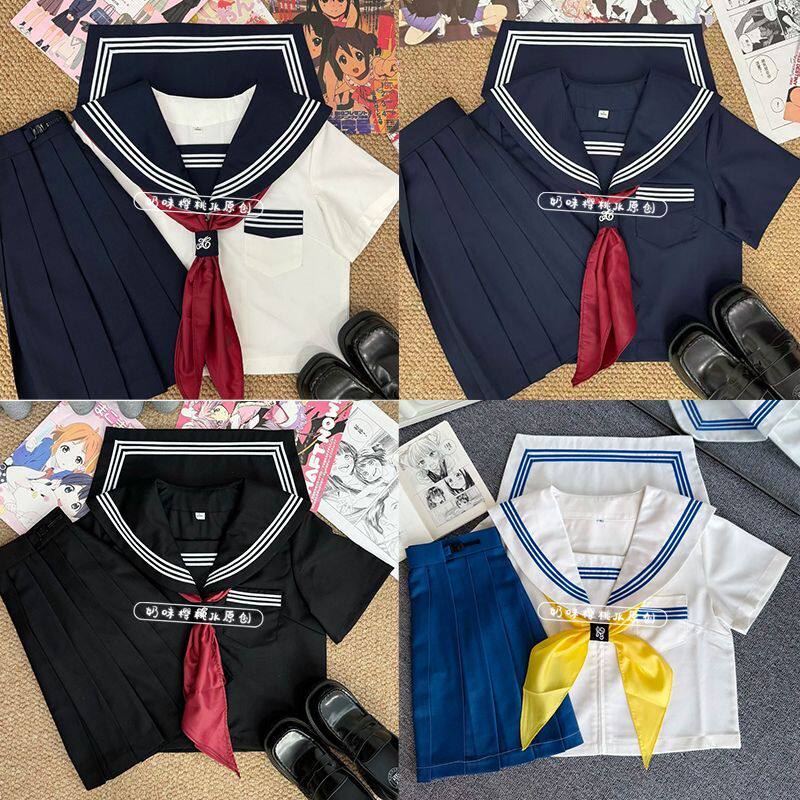 原创JK制服日系三本水手服jk海军白领短袖基础学院百褶裙短裙套装