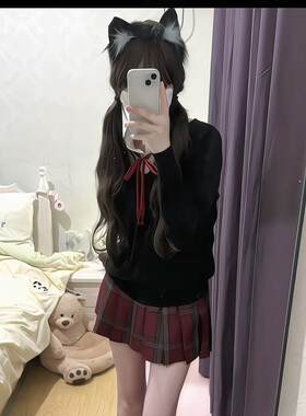秋冬款原创jk制服日系学院风校供感叠穿黑色套头毛衣玄格裙套装女