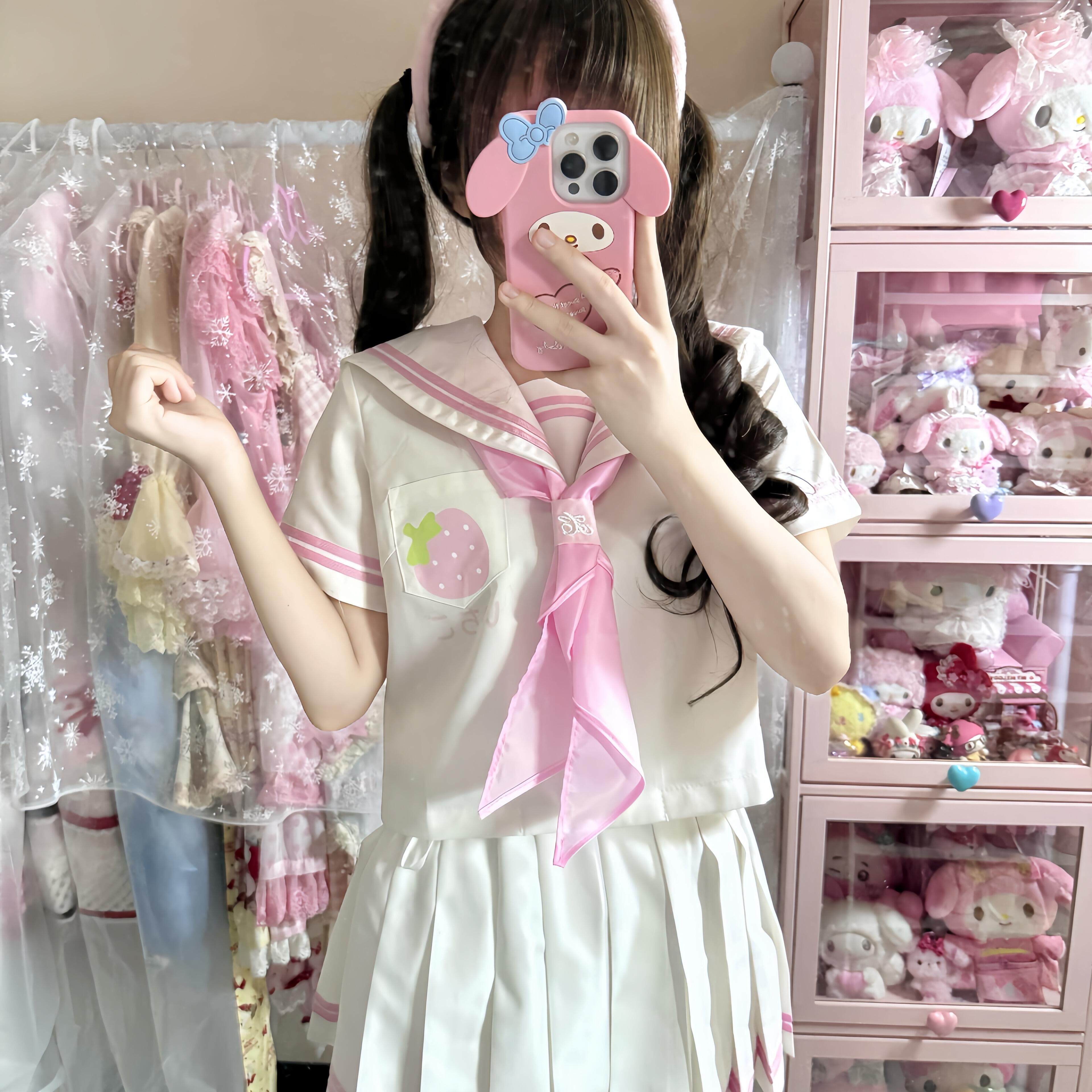 【JK制服水手服套装】夏日新品cos服白粉校供感衬衣+短裙领巾