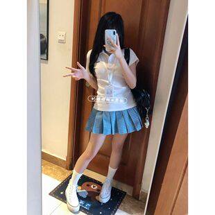 小岛jk收腰显瘦白色polo衫T恤上衣女夏季学院风正版松蓝jk格裙