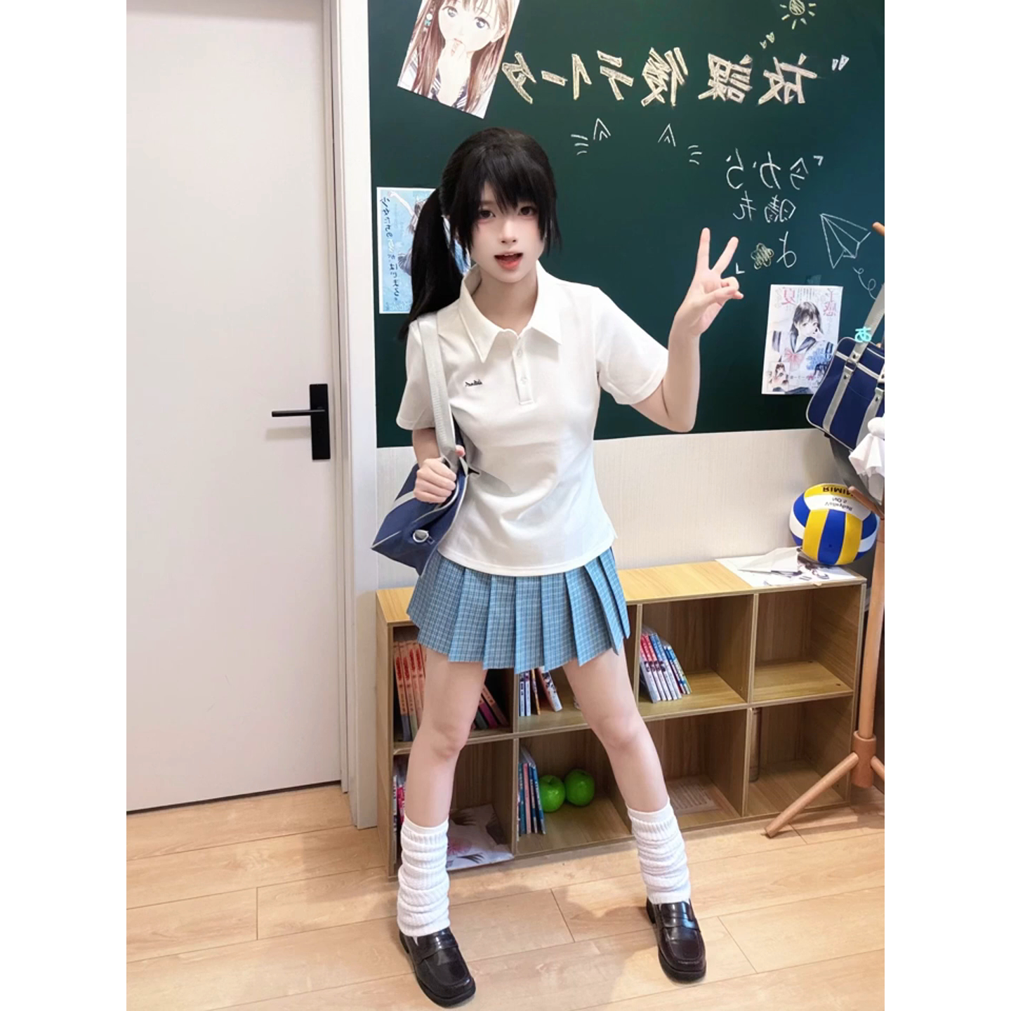 收腰刺绣款小岛polo衫短袖衬衫上衣女日系甜美松蓝jk格裙制服套装