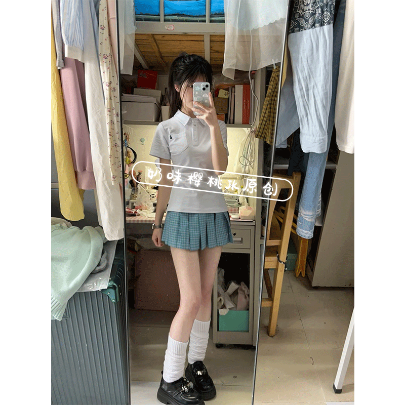 日系简约奶白色polo衫短袖上衣夏季新品松蓝jk制服格裙百褶裙套装
