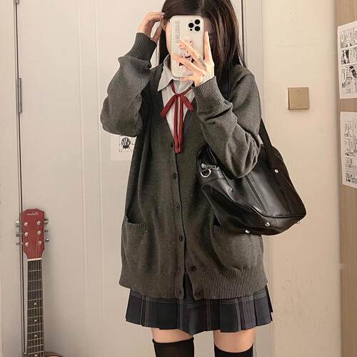 原创正版jk制服日系学院风校供感叠穿针织开衫毛衣澈格裙百搭套装