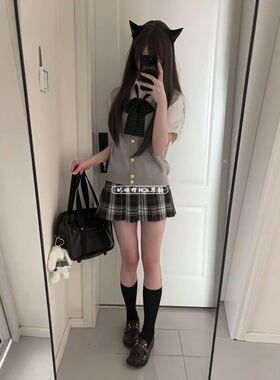 日系JK制服原创学院浅灰色针织软妹开衫马甲背心短裙衬衫套装上衣
