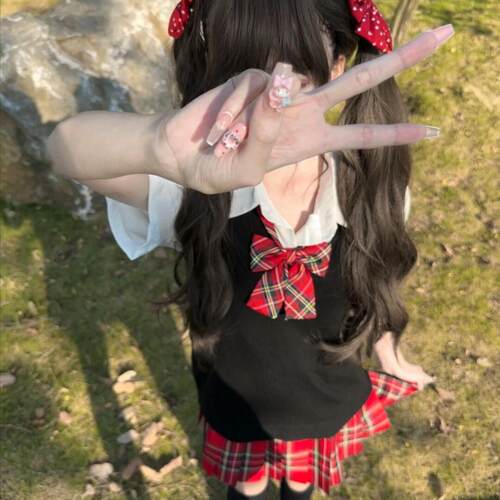 原创正版jk制服学院风校供感十足黑色针织套头毛衣小辣椒格裙套装