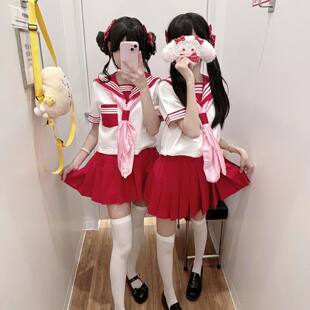 奶味樱桃JK水手服制服套装女红三本原创百褶裙海军学院短袖衬衫