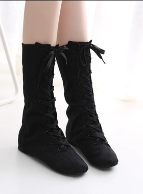 舞蹈鞋女软底练功鞋教师鞋钢管男黑色系带高帮加长帆布长筒爵士靴