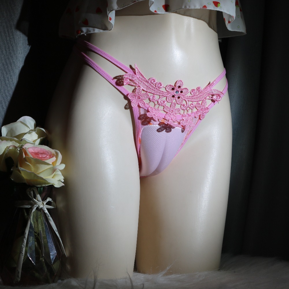 cd变装性感蕾丝花朵刺绣伪娘丁字内裤粉色女装大佬绑带男娘三角裤