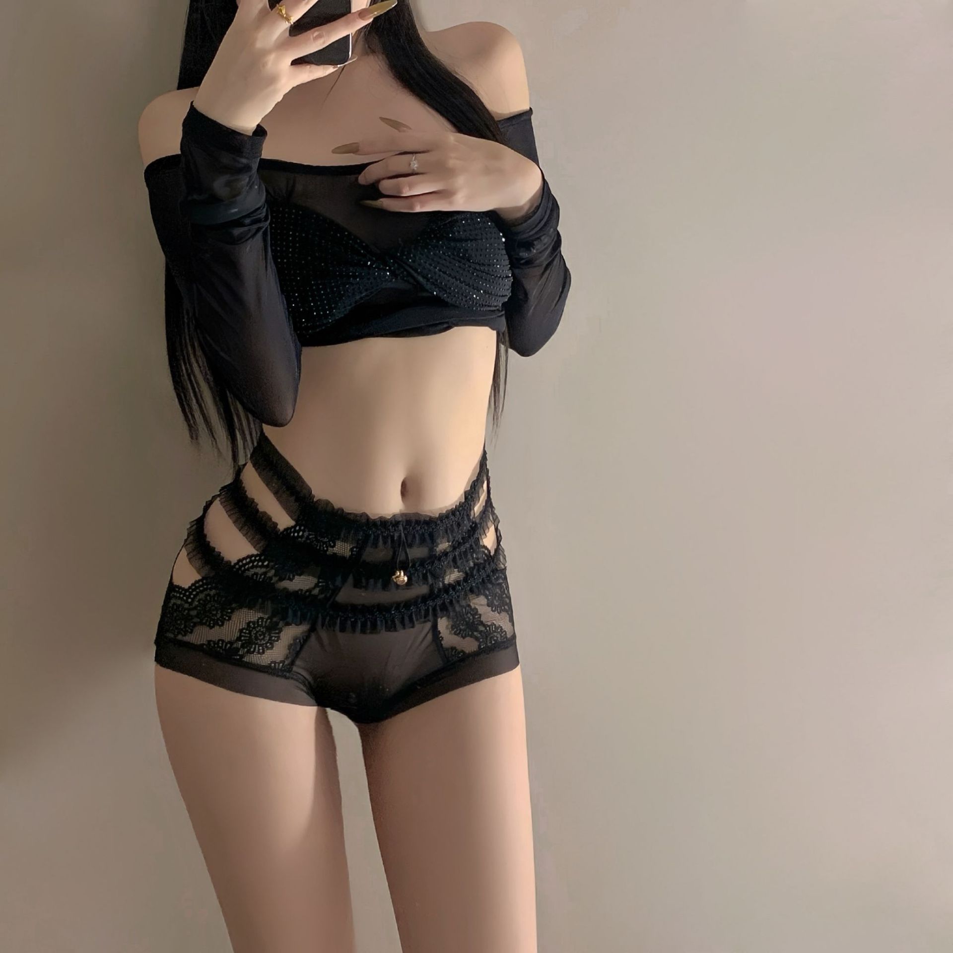 cd变装蕾丝内裤女装大佬纯欲风网纱高腰男娘甜美镂空ts变装三角裤