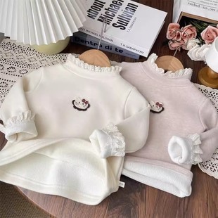 女童秋冬蕾丝花边半高领一体绒打底衫宝宝加绒内搭儿童保暖上衣女