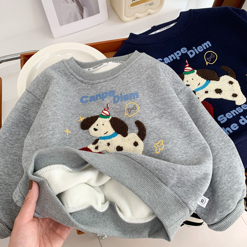 男童一体绒卫衣秋冬装女宝宝新款圆领卡通套头衫儿童加绒加厚上衣