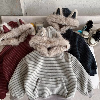 儿童连帽卫衣男童加绒冬款兔耳朵上衣洋气女宝宝加厚条纹外套保暖