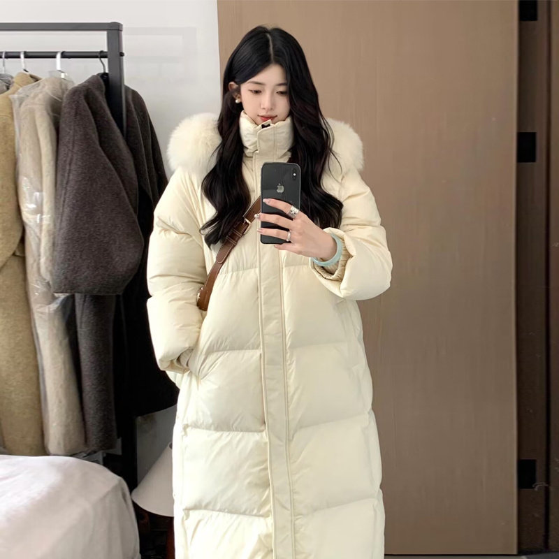 WFYO/高充绒量白色羽绒服女中长款大毛领2025冬新款保暖90白鸭绒
