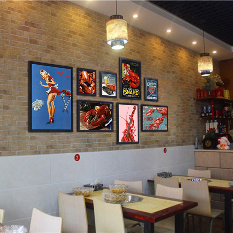 麻辣小龙虾馆饭厅装饰画 画饭店海报怀旧有框画 画烧烤店壁画 画