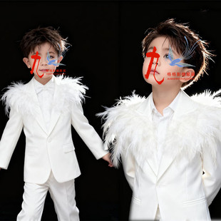 男童白色西装套装钢琴演凑小西服唱歌朗诵主持人礼服儿童演出服酷