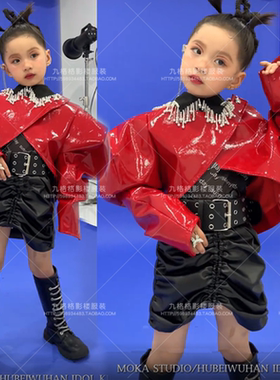 潮童T台走秀儿童演出服少儿模特舞台比赛CCAC女童皮衣机车服装炫