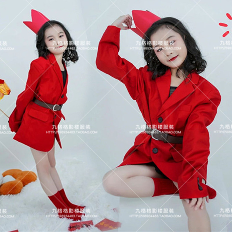 女童红色加长西装裙儿童演出服少儿模特大赛T台舞台走秀比赛潮服