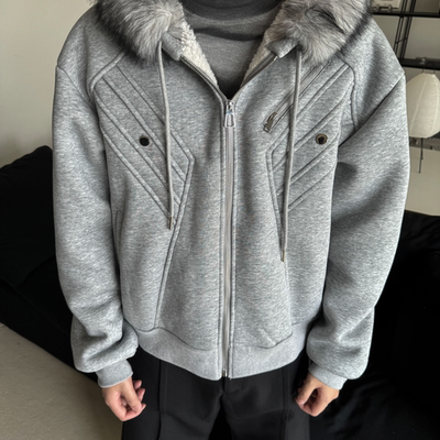 短宽保暖氛围毛领拉链卫衣外套